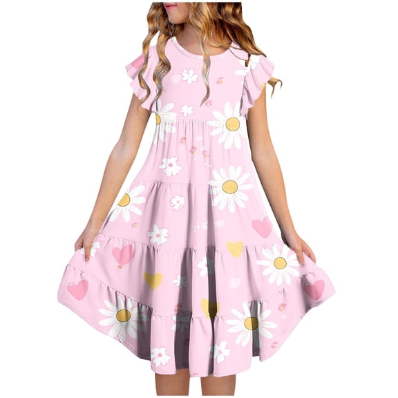 ATOGUTA Girls Long Dresses Ruffle Sleeve Tiered Swings A-Line Cute Midi Casual Sundress Size 4T-13. Multicolor