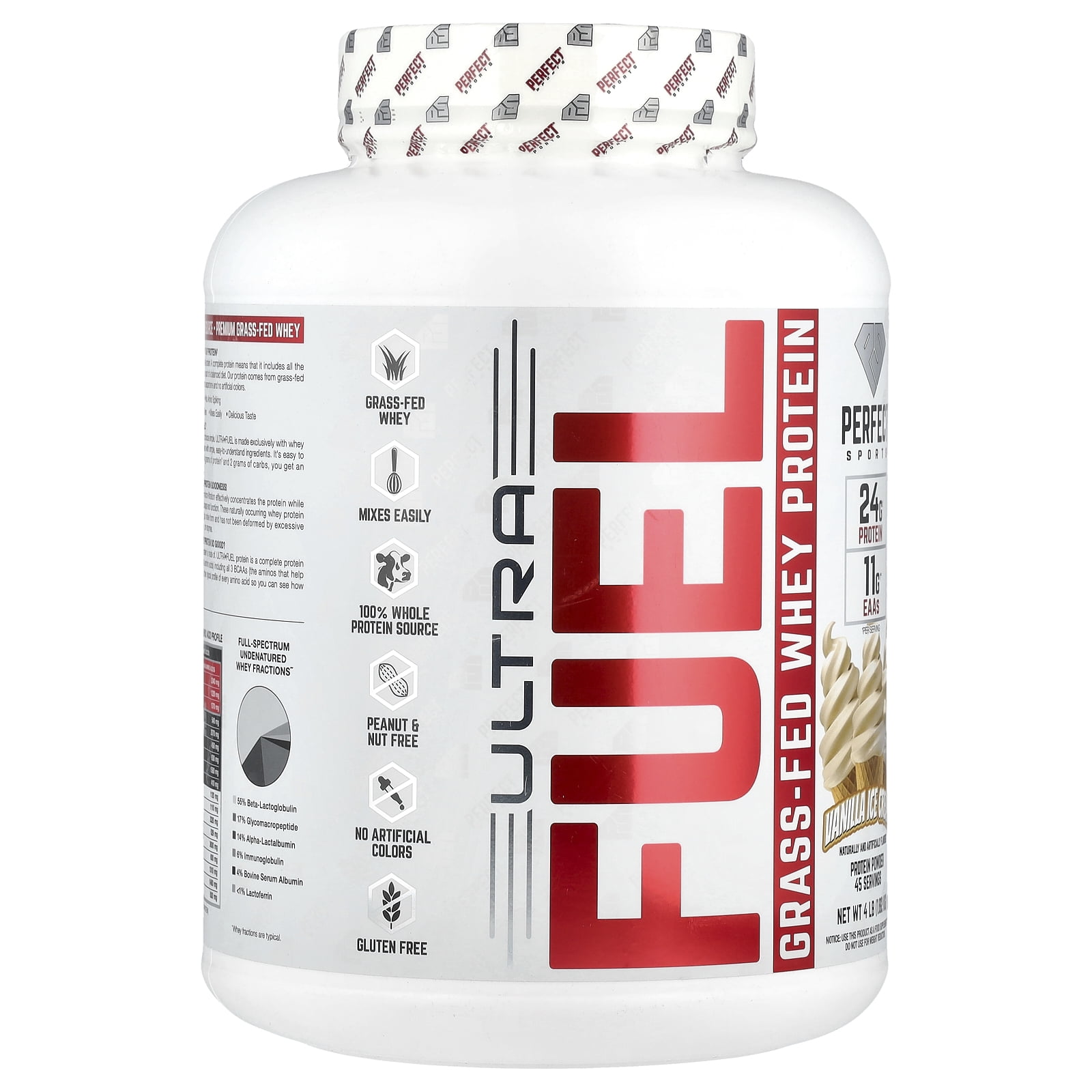 PERFECT Sports Ultra Fuel, Grass-Fed Whey Protein, Vanilla Ice Cream, 4 lb (1.82 kg)