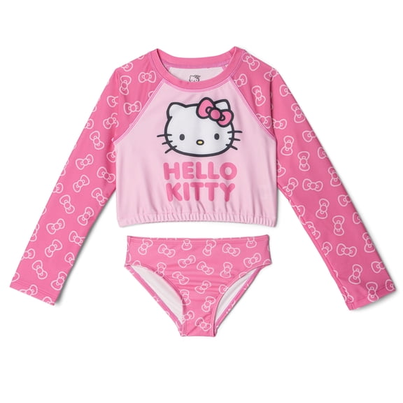 Hello Kitty Raglan Rash Guard and Bikini Bottom UPF 50 Swim Set Logo Little Kid to Big Kid
