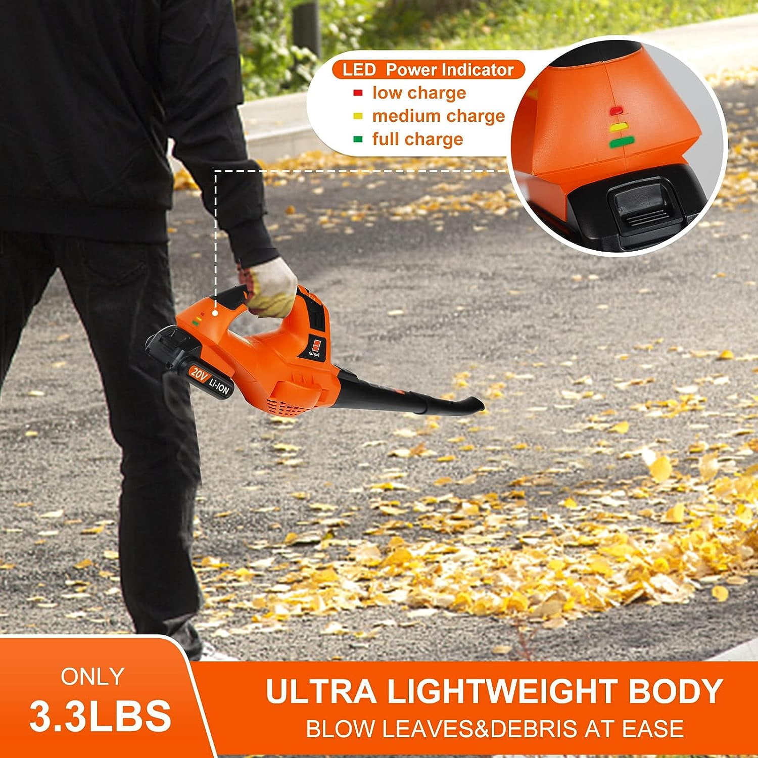 Cordless Leaf Blower,20V Handheld Electric Leaf Blowers with 2.0Ah Battery & Fast Charger, 2 Speed Mode, Lightweight Battery Powered Leaf Blowers for Patio, Yard, Sidewalk,Small Leaf Blowers