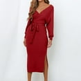 thumbnail image 3 of Fewfanhot Fall Wedding Guest Dresses for Women V Neck Sweater Dresses Batwing Long Sleeve Backless Bodycon Long Dress with Belt, 3 of 8