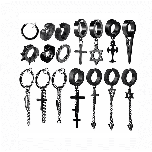 17piezas Aretes Hombre Falsos Piercing Estilo Punk Colgantes Negro