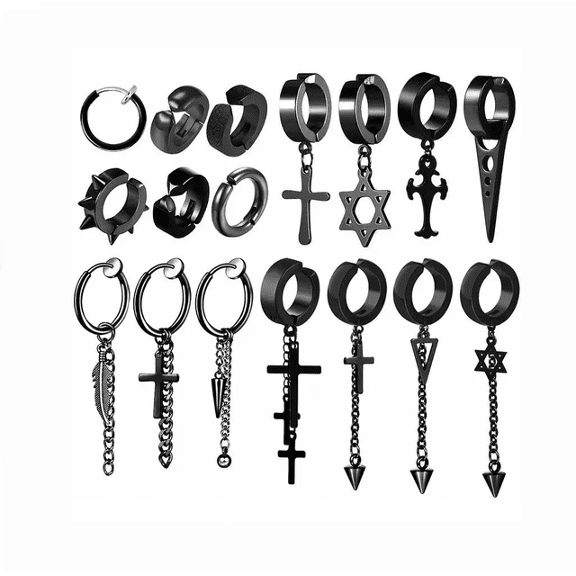 17piezas Aretes Hombre Falsos Piercing Estilo Punk Colgantes Negro
