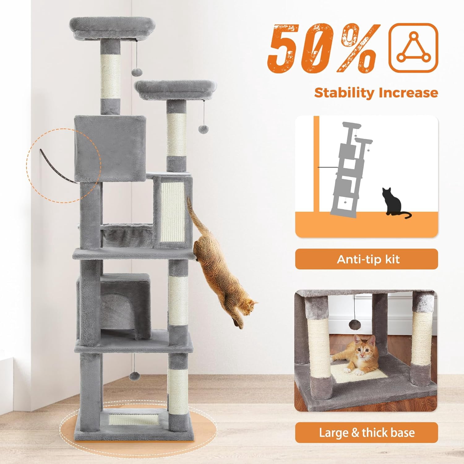 LEHOME 70 Inch Cat Tower, Tall Cat Tree with 2 Cozy Condos, 2 Plush Perch, Large Basket, 2 Scraching Pad & 6 Scraching Posts for Indoor Cats Large Adult, Gray