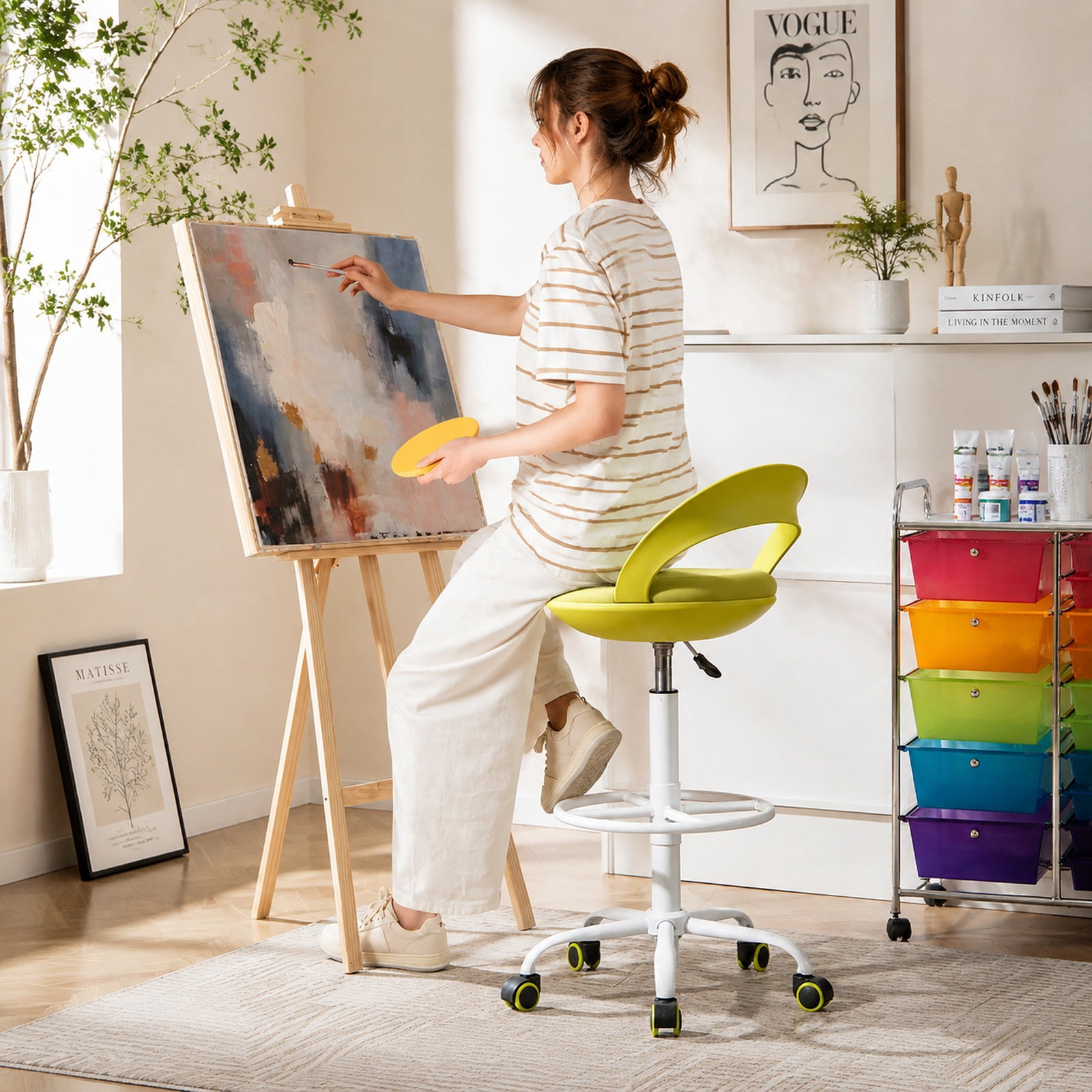 Furnibear Drafting Stool Rolling Tall Desk Chair with Wheels for Home Office Study Desk Computer Task, Green