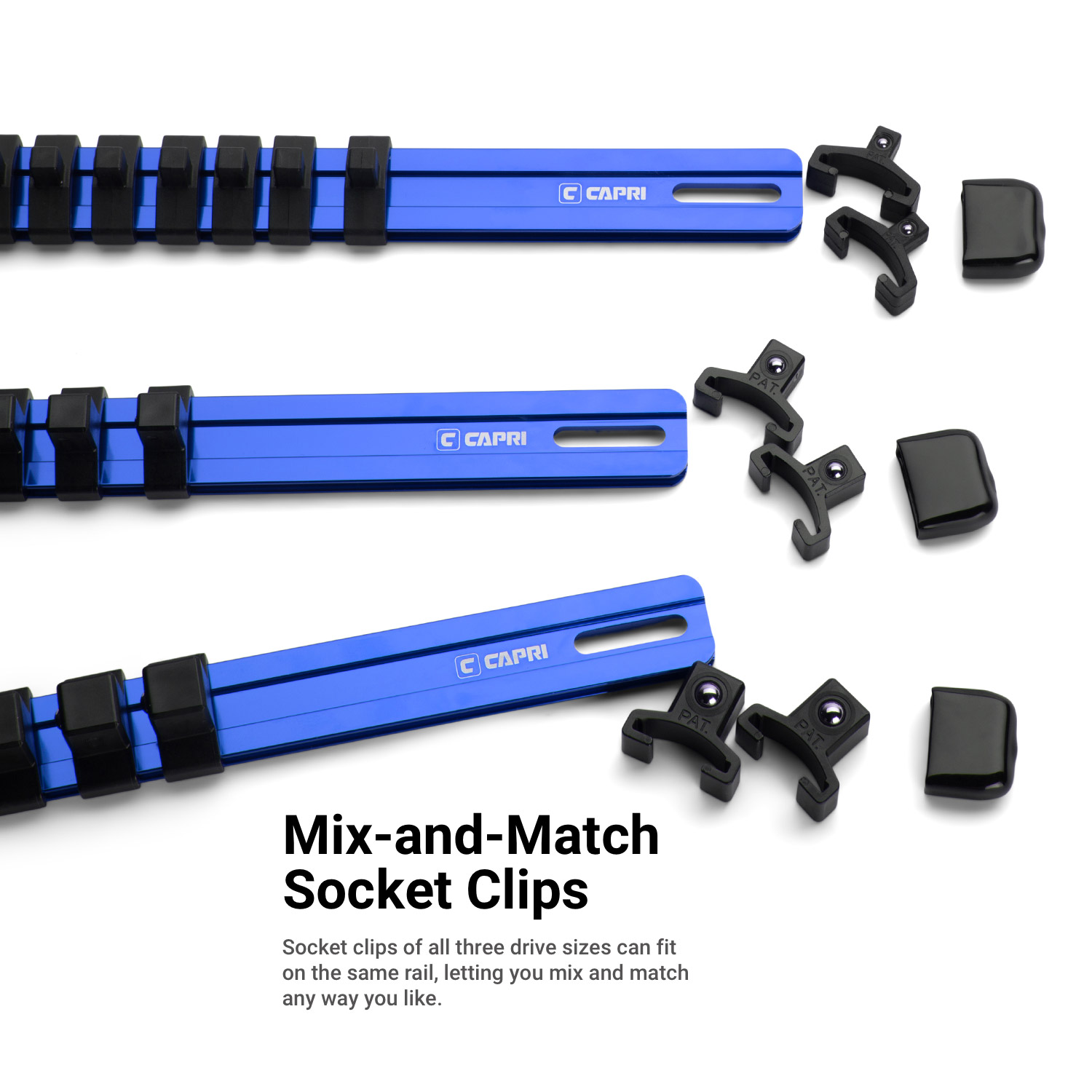 Capri Tools Aluminum Socket Rail Set, 1/4", 3/8" and 1/2" Drive, 17" Long, Blue, 3-Piece Rail with 58 Socket Clips - image 5 of 7