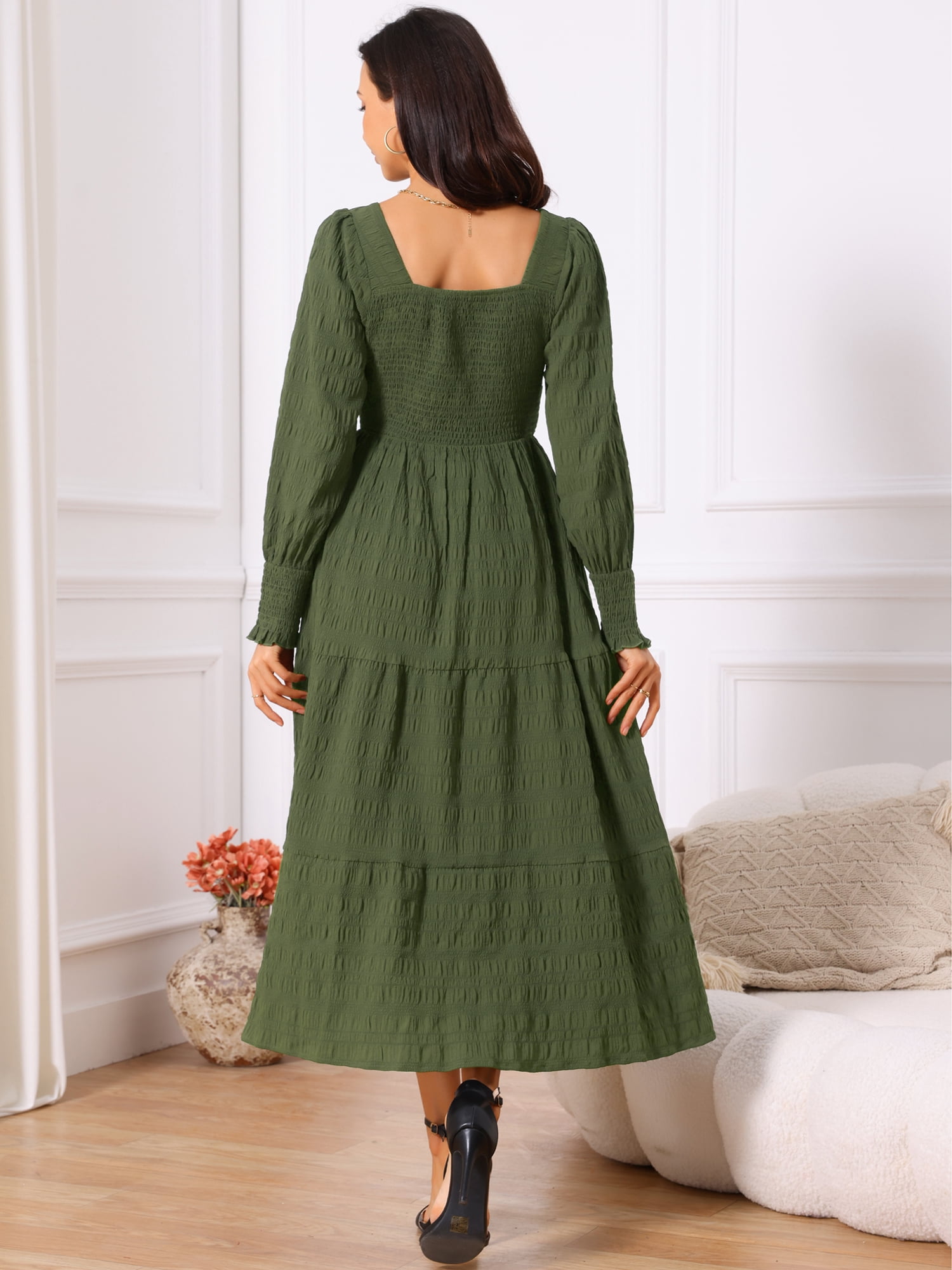 DARING DIVA Women's Long Sleeve Square Neck Flowy Tiered Maxi Dress L Green