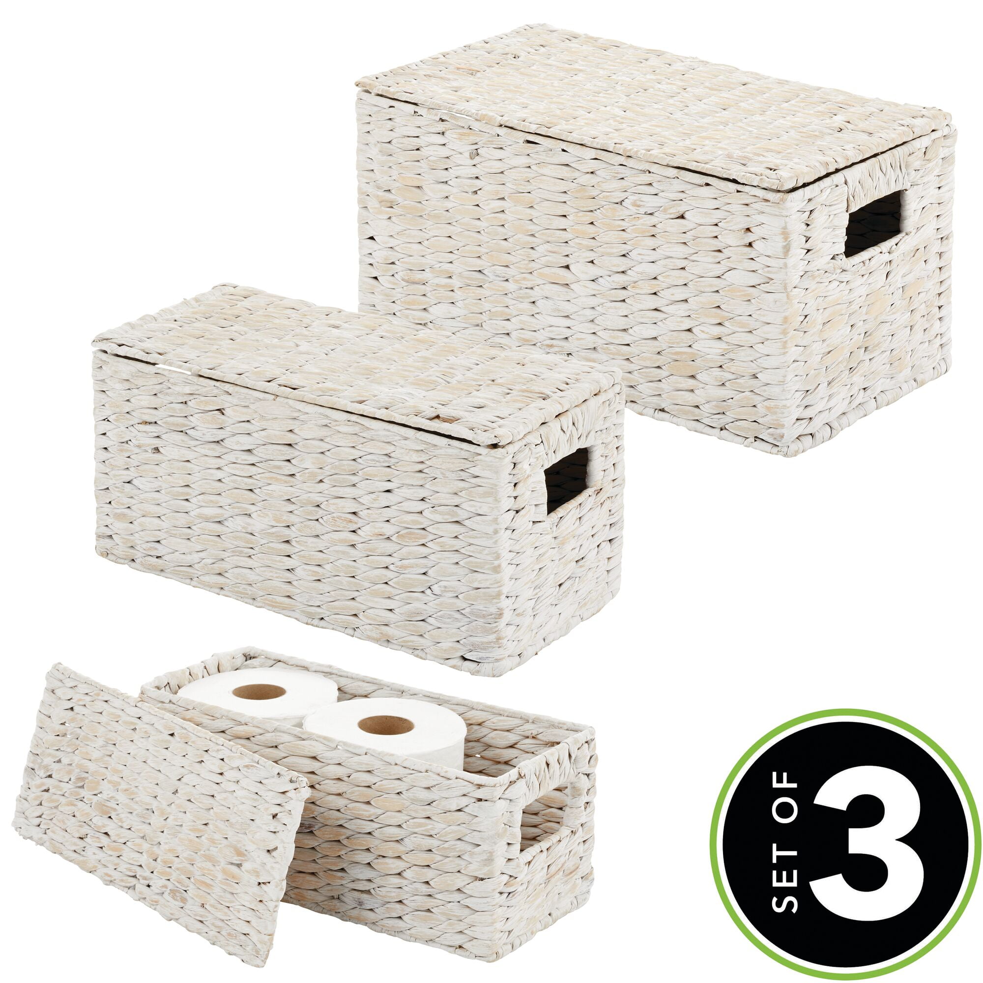 3ct mDesign Woven Farmhouse Kitchen Pantry Food Storage Basket Box, 3 Pack, White