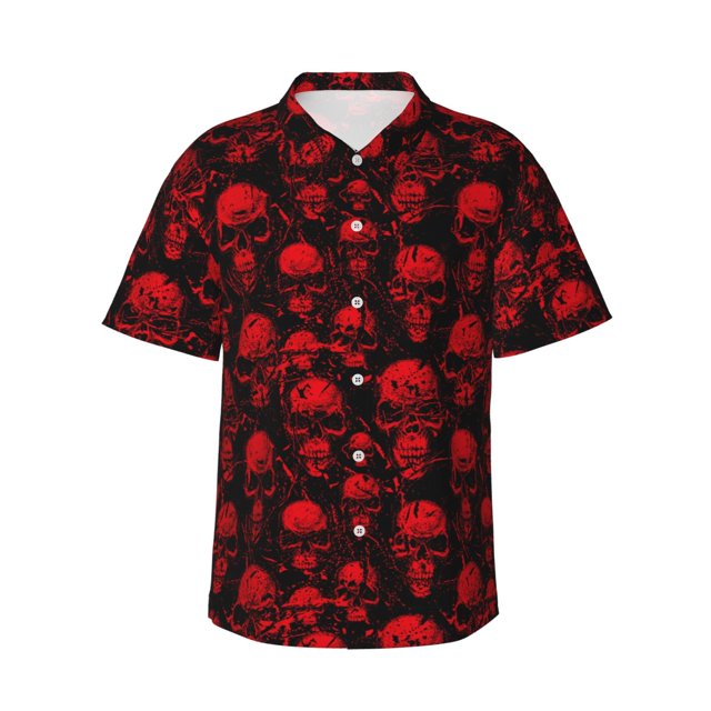 Fotbe Red Skulls Camisa Hawaiana para Hombre Unisex – Camisa Casual de Verano con Botones de Manga Corta de Algodón y Lino,X-Large
