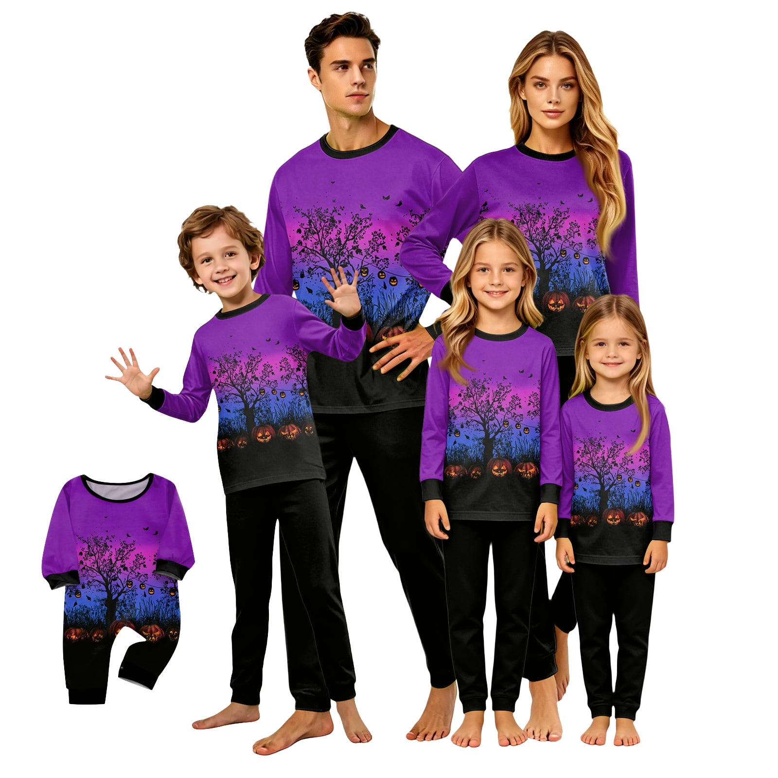 Halloween Family Outfits Halloween Family Matching Pajamas Set Purple Blue Hanging Pumpkin Long Sleeve Sleepwear Dreamy Graphic Loungewear Soft Cozy Holiday Nightwear for Parties & Gatherings L