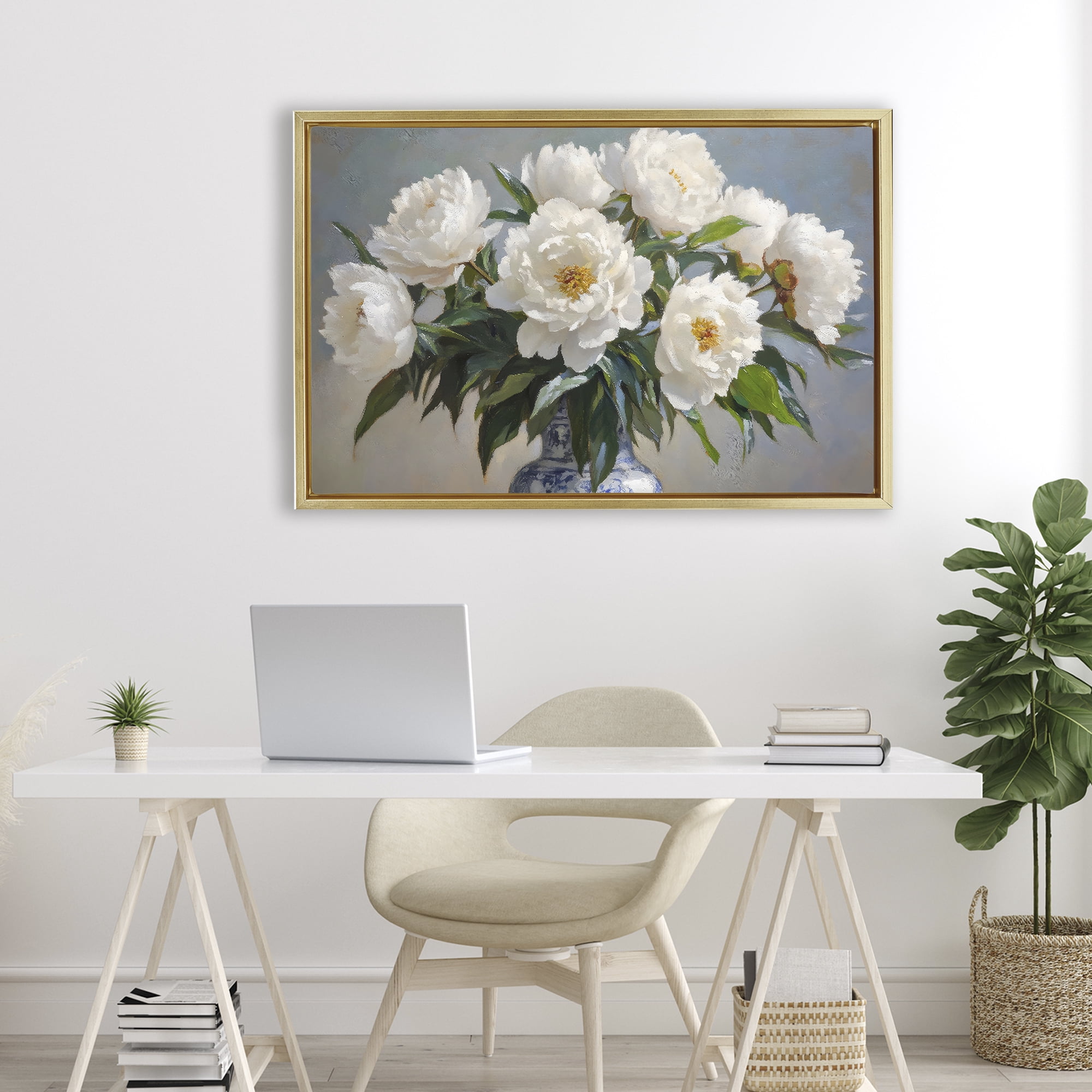 Stupell Industries In Full Bloom White Peonies Gold Framed Floater Canvas Wall Art, design by Petal Prints Design
