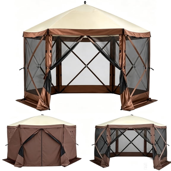 SUSUZI 12x12FT Pop Up Gazebo Screen Tent, 6 Sided Camping Canopy with Mosquito Net & Privacy Curtains, UPF50 Waterproof Outdoor Shelter for Backyard Camping