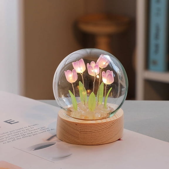 LED Tulip Crystal Glass Ball Night Light Home Bedroom Mini Flowers Lamps Wedding Party Decoration Valentines Day Birthday Gifts