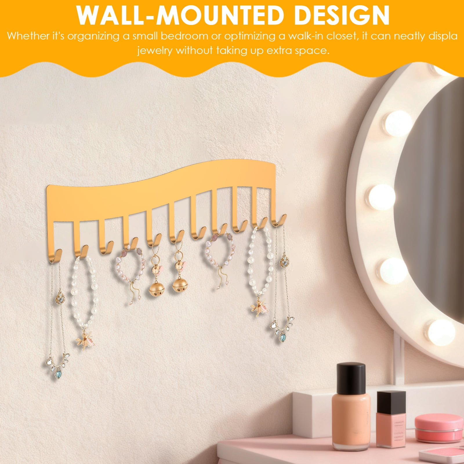 4 Pack Wave Style Wall Mounted Necklace Organizer Gold Metal Hanging Jewelry Storage Hooks Holder for Bracelets Keys Bedroom Closet