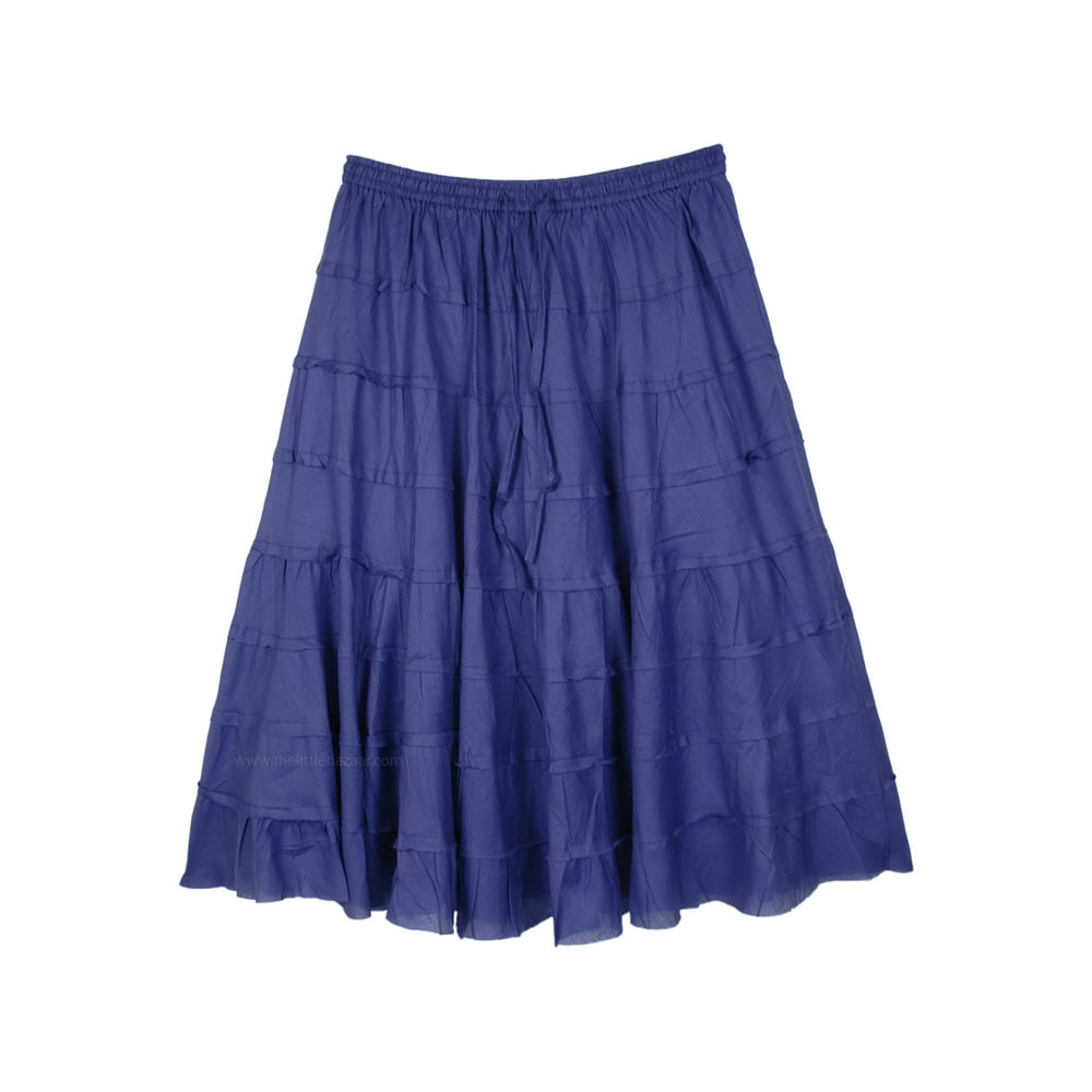 TLB - Knee Length Midnight Blue Tiered Short Summer Cotton Skirt