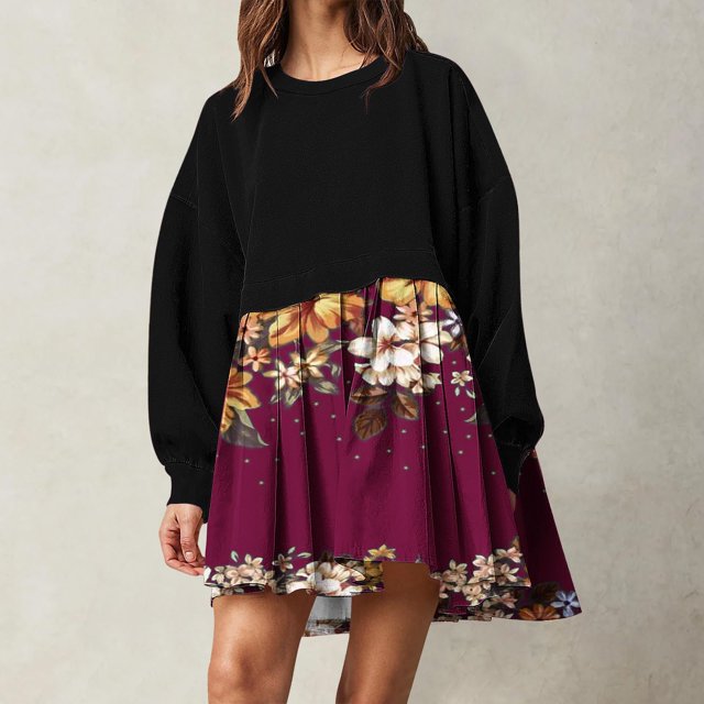 DecSea Women Oversized Patchwork Sweatshirt Dress Long Sleeve Drop Shoulder Crewneck Pleated Color Block Mini Dress
