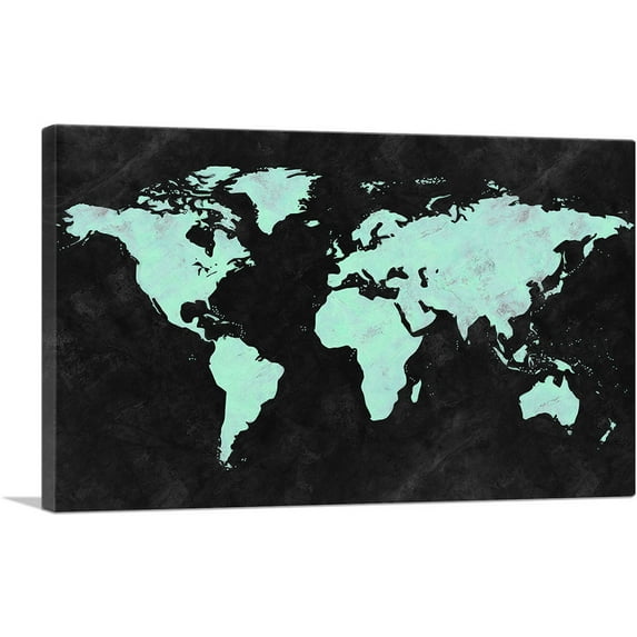 ARTCANVAS Teal Black World Map Canvas Art Print - Size: 18" x 12" (1.50" Deep)