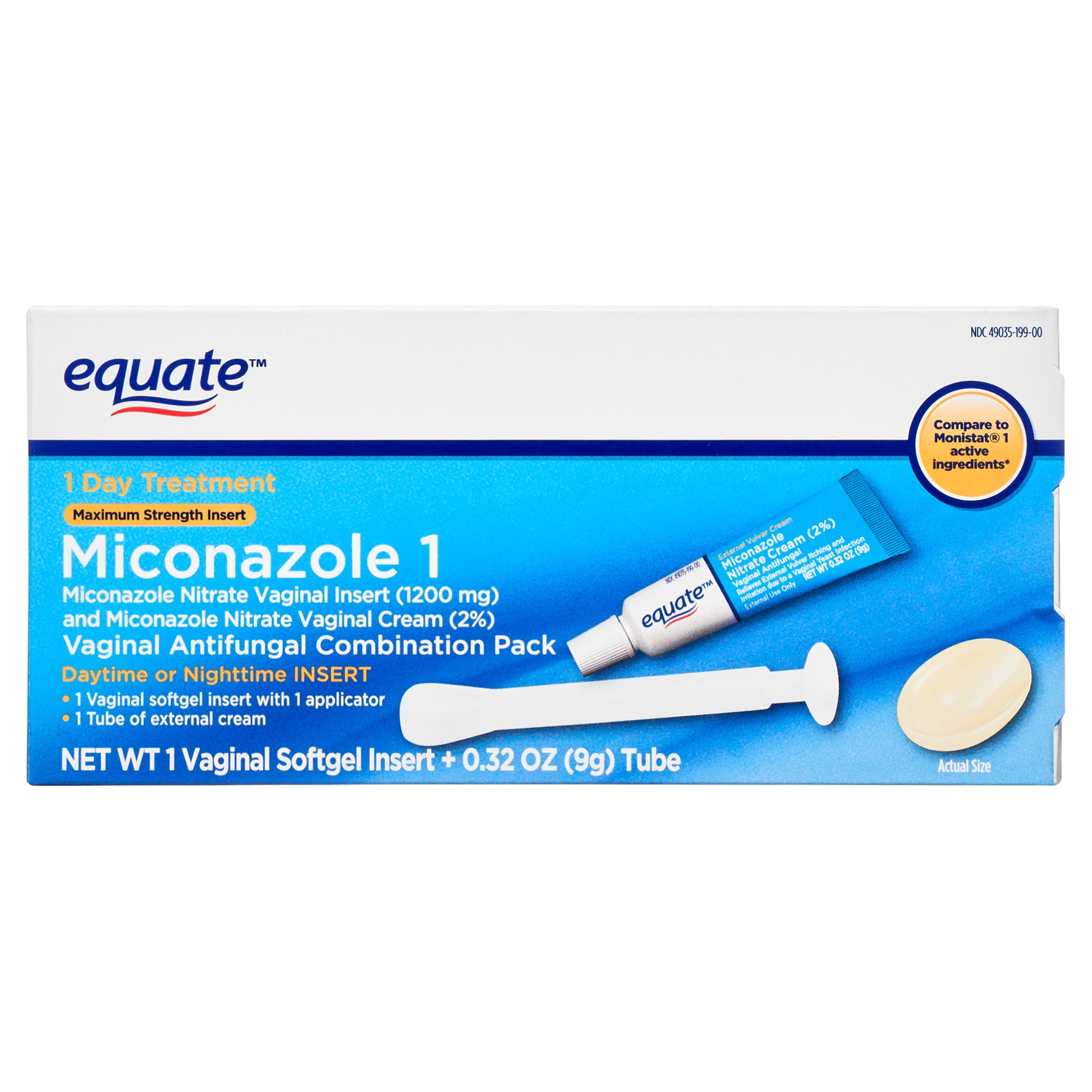 Equate Miconazole 1 Day Antifungal Combination Pack with Vaginal Insert and Cream, 1 Insert + 9g Tube, Compare to Monistat® 1 Active Ingredients