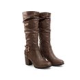 thumbnail image 4 of BLISSFUL STEP Women's Slouch Buckles Biker Boots Chunky Heels Knee High Boot Brown 6, 4 of 8