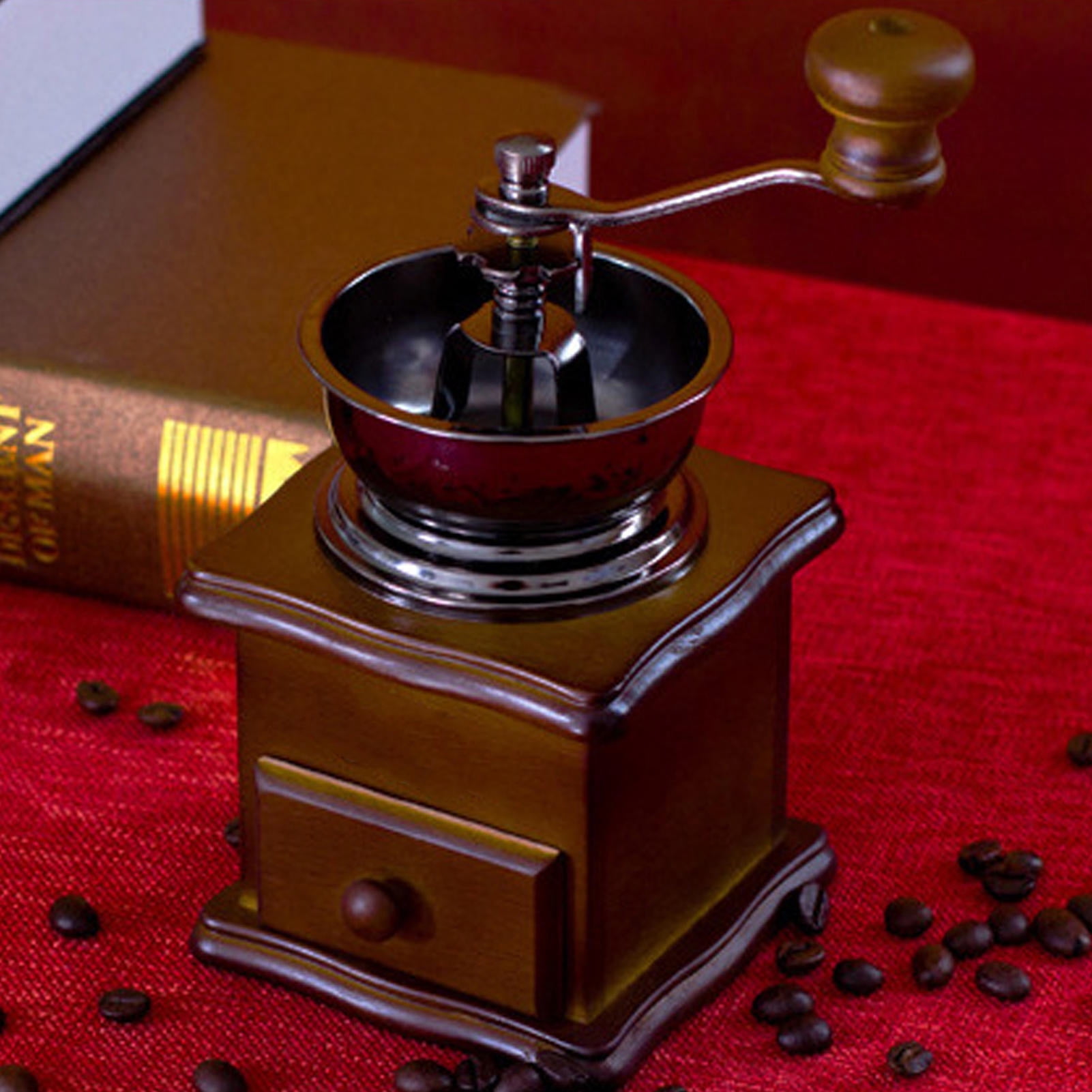 BOKYAN Retro Hand‑Grind Coffee Mill – Beech Wood Base, Stainless Steel Core, Adjustable Coarse to Fine Grind, Manual Coffee Grinder for Home & Office
