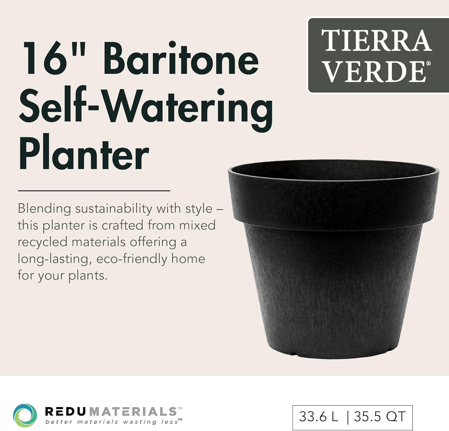 Verde Indoor & Outdoor Self-Watering Round Planter Pot, Baritone, 18" x 16", Black - Decorative Planting Containers for Plants and Flowers - Gardening and Flowering Accessories