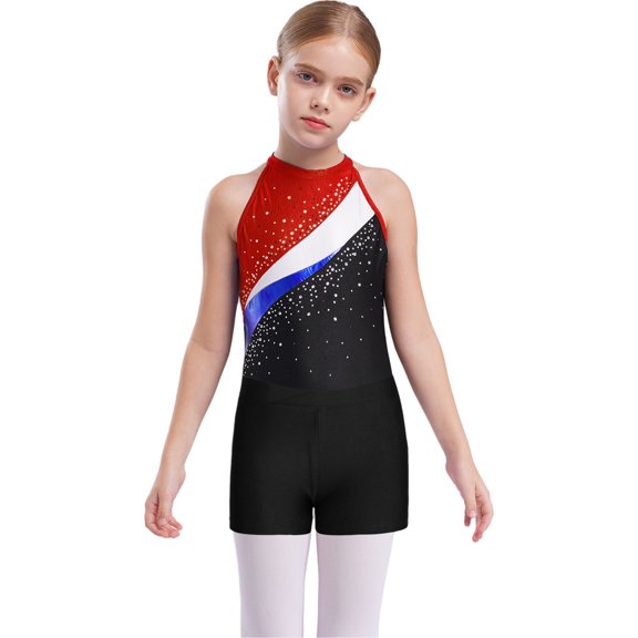 Raenseen Kids Girls Sleeveless Gymnastics Leotard Ballet Dance Biketard Unitard with Shorts Hair Tie Set Swimsuit Black&Red 8
