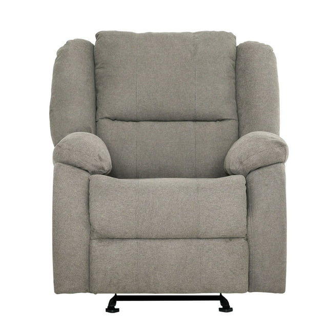 Primo Amos 36-inch gray upholstered rocker recliner chair with padded arms and cushioned backrest for living room seating.