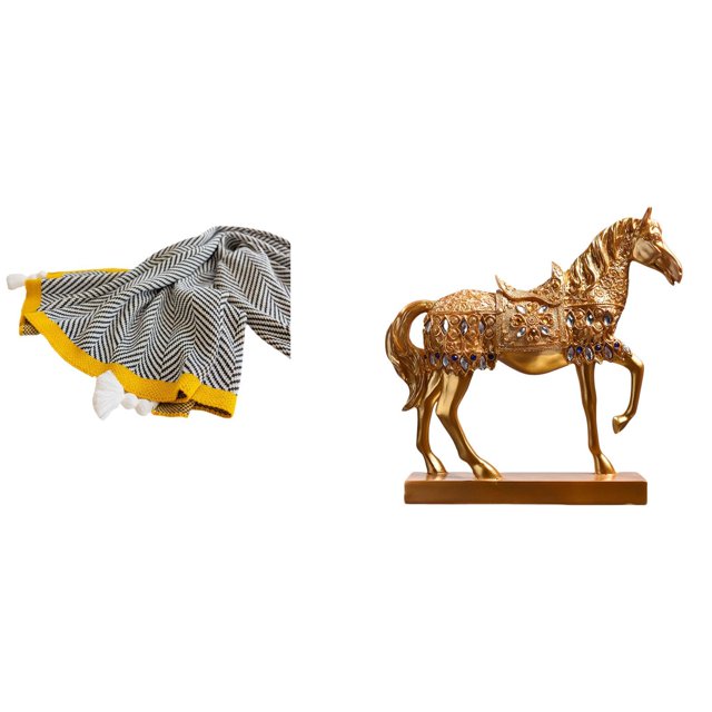 Manta de punto a rayas, suave y cálida, decoración rústica para dormitorio, sofá, cama, silla, con escultura de caballo, animal de resina grabado, par