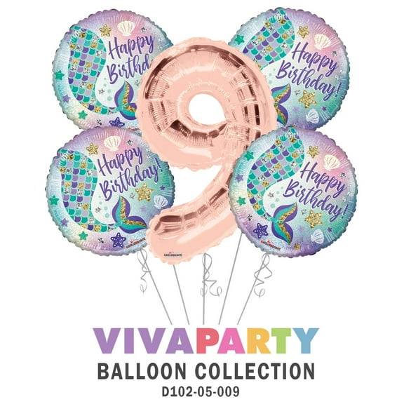 Happy Birthday Mermaid Round Balloon Bouquet 5 pc, 9th Birthday, Rose Gold Number 9 Jumbo Balloon | Viva Party Balloon Collection