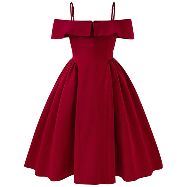 sertiohcv Robe d'Été pour Filles, Élégante, Épaules Dénudées, Plissée, Taille Haute, Évasée, Ligne A, Robe de Fête, Rouge, Taille pour 12-13 Ans