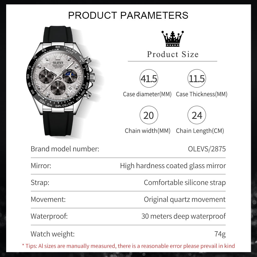 OLEVS Watches for Men Chronograph Multifunction Sport Silicone Luxury Dress Diamond Moon Phase Quartz Male Watch Waterproof Mens Wrist Watches Reloj para Hombre,Gold/Black/White/Blue/Grey Dial