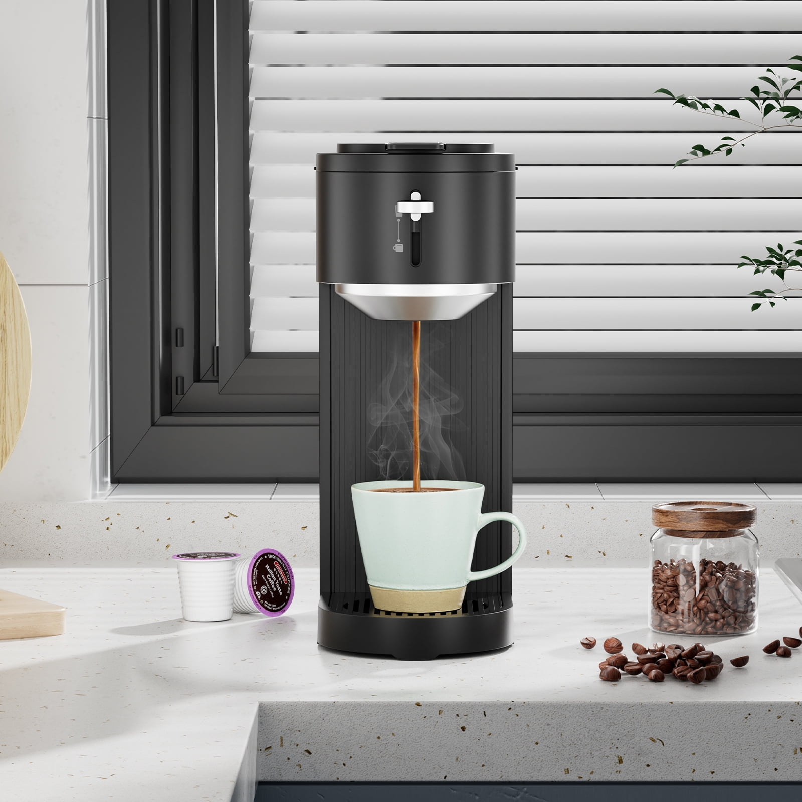 KNDKO Single Serve Coffee Maker for K Cup POD or Ground Coffee, Coffee Machine with 14oz Water Tank, Adjustable Funnel Handle, Self-Clean