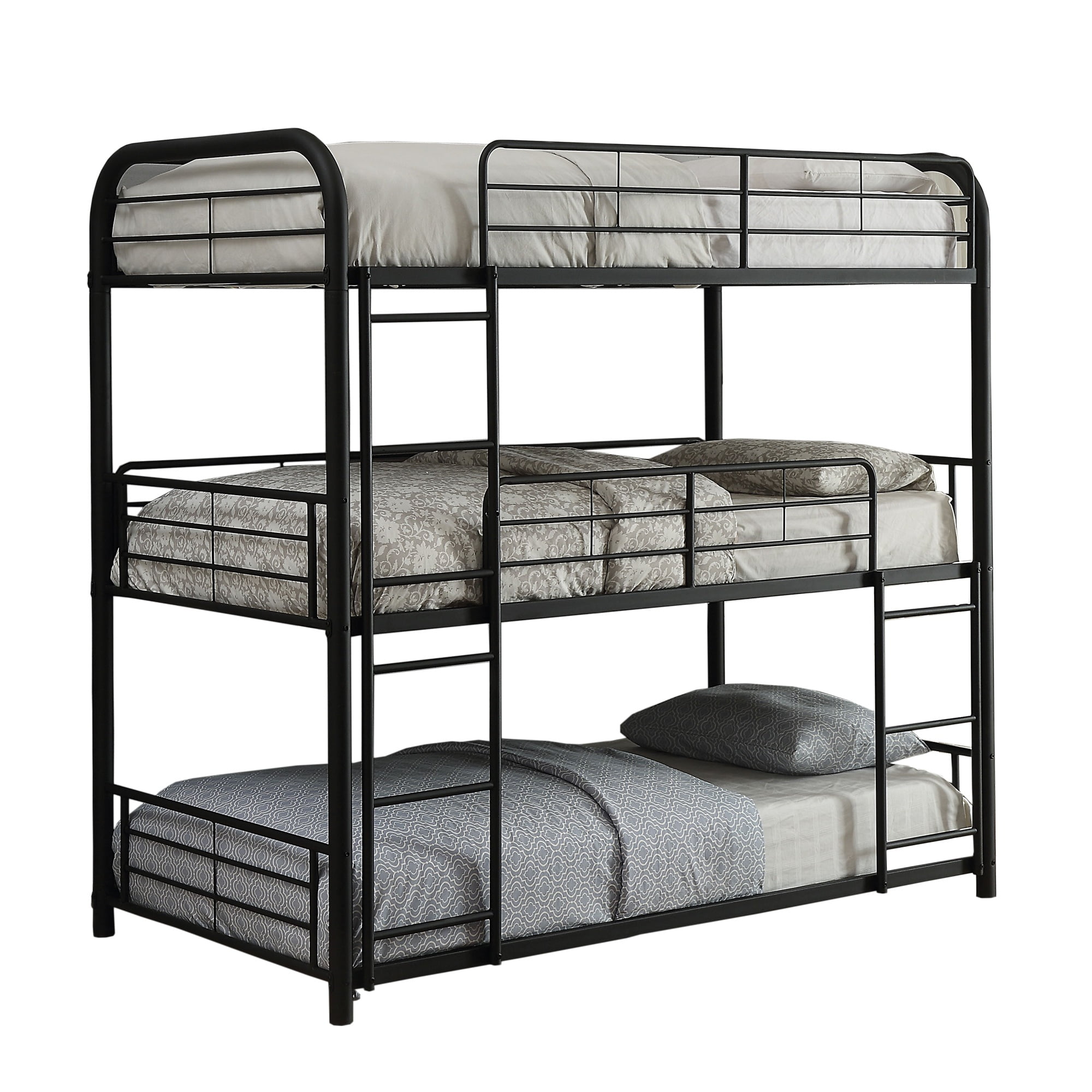 Triple Layer Full Size Metal Bunk Bed with Attached Ladder, Black