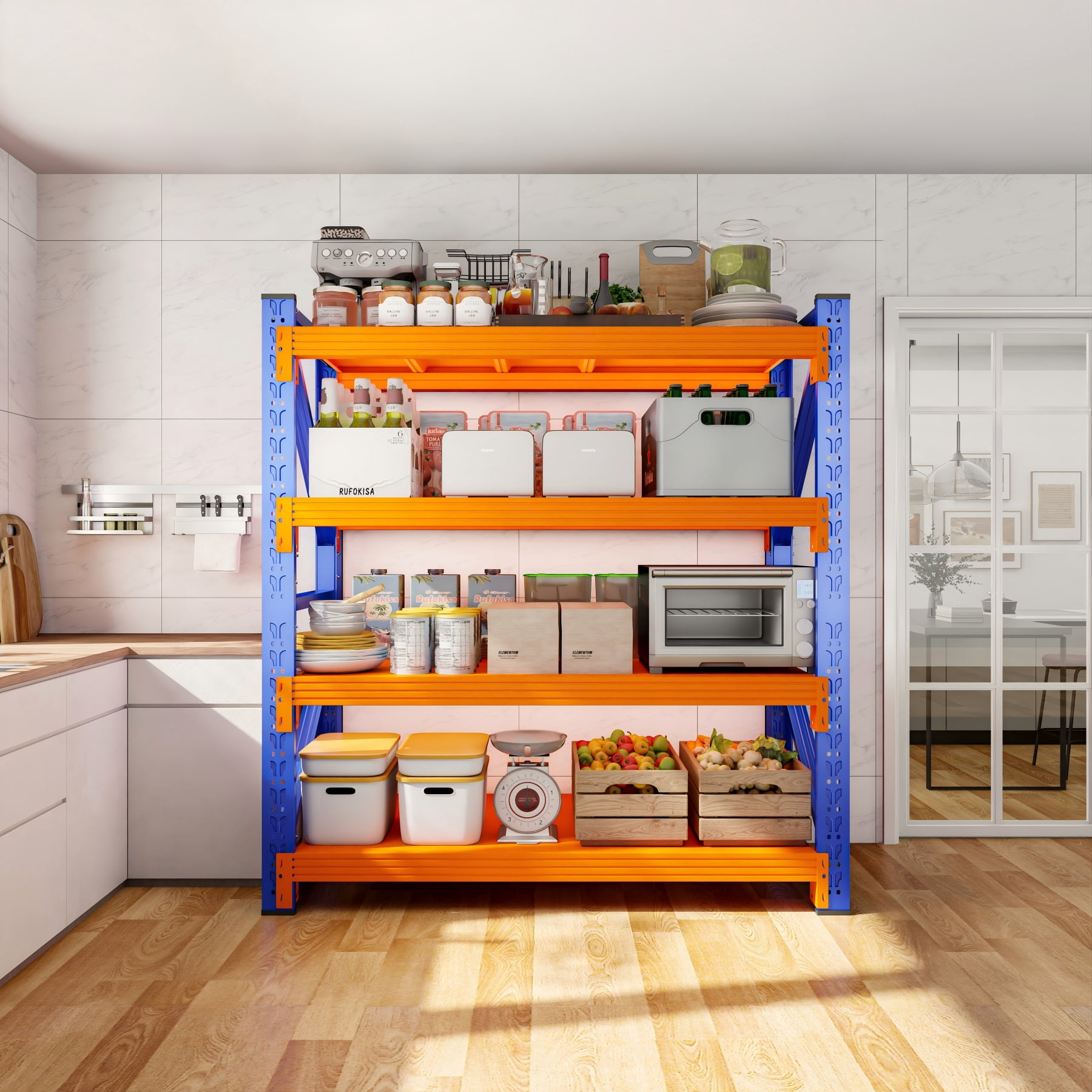 Welfiya 59"Wide Garage Shelving Unit,3500LBS Heavy Duty Storage Shelves,4-Tier Metal Industrial Shelving,Adjustable Standing Shelf for Warehouse,Basement,Workshop,59.1"W x 23.6"D x 78.7"H,Blue&Orange