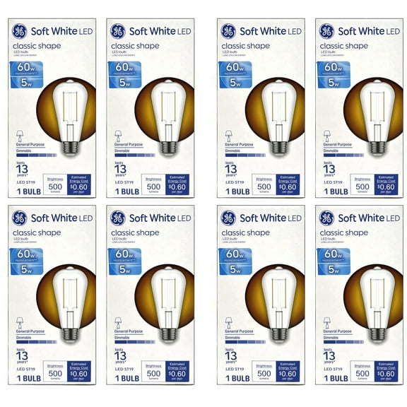 (8 bulbs) GE LED ST19 Soft White, 5 watt, 500 lumens, Dimmable, 60 watt equivalent, LED Light Bulb, medium base,