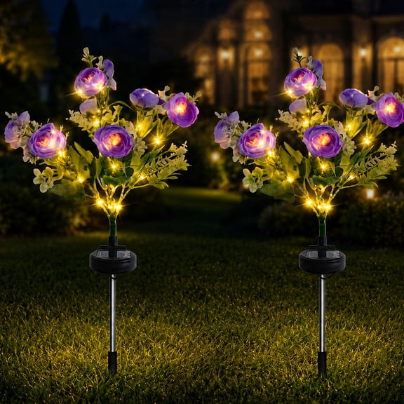 Rirool Solar Peony Flower Lights Outdoor 2 Pack, Purple Warm White LED Garden Lights Waterproof Auto On/Off Solar Decorative Lights for Yard Lawn Patio Pathway
