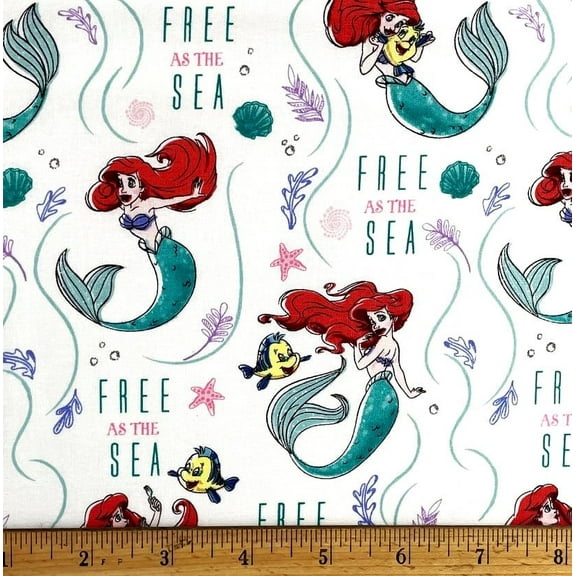 1 Fat Quarter - Disney Little Mermaid Princess Ariel & Flounder on White Cotton Fabric - 18" X 21"