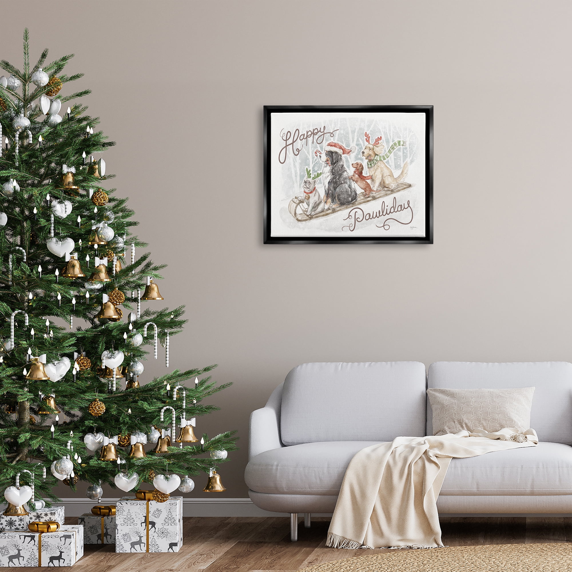 Stupell Industries Happy Pawliday Dogs Holiday Painting Black Floater Framed Canvas Art Print Wall Art, 31 x 25