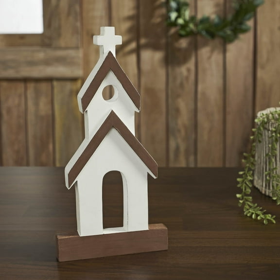 VHC Brands Brown Roof White Church Wooden Figurine 12x6x1