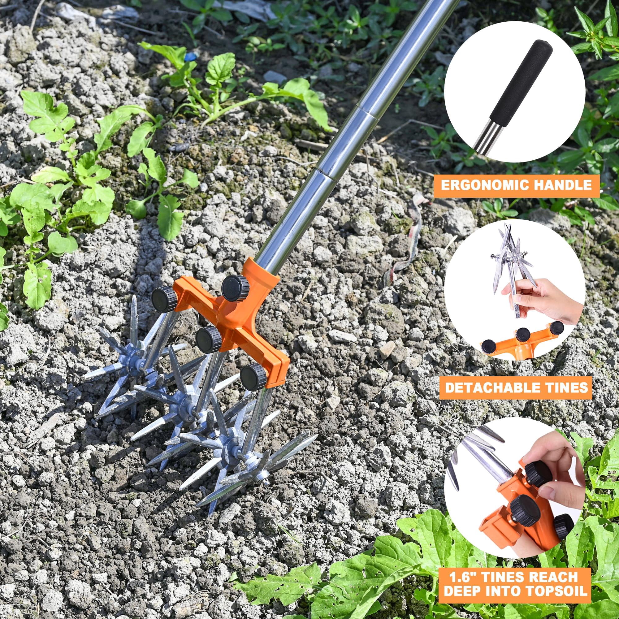 Rotary Cultivator Garden Tiller Adjustable Stainless Steel Poles Hand For Soil Mixing Or Reseeding Grass Lawn Total Length 57 Inch
