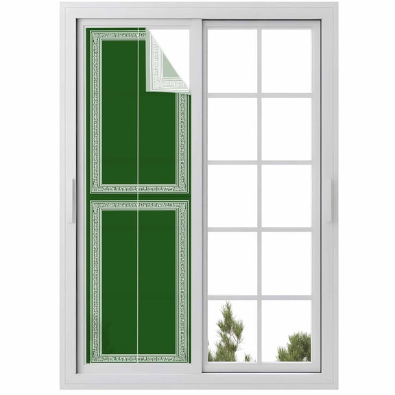 Green Greek Key Window Privacy Film, Geometric Greece Ancient Farmhouse Geo Static Cling UV Sun Blocking Heat Control Window Tint, Non-Adhesive One Way Windows Privacy Cover 17.7''x78.7''