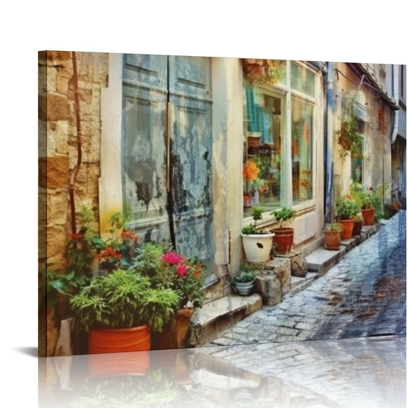 Nawypu Streets of Old Mediterranean Towns Flower Door Staircase Wall Art Painting Vintage Picture Print on Canvas Architecture Pictures for Home Bedroom Living Room Decoration Gift