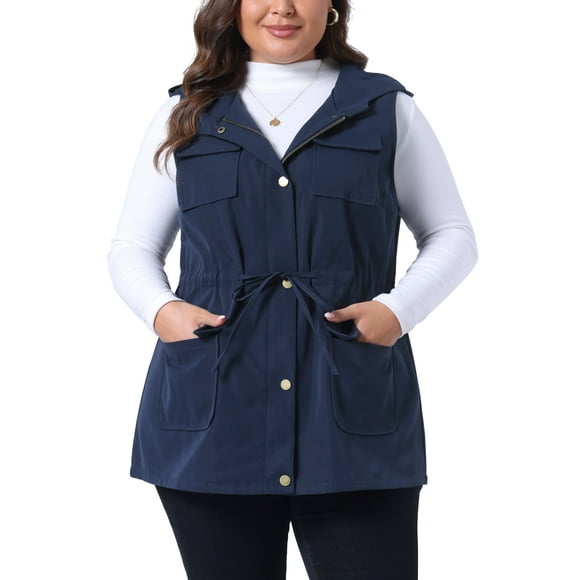 Agnes Orinda Plus Size Anorak Utility Vest for Women Drawstring Lightweight Sleeveless Cargo Hooded 1X Navy Blue