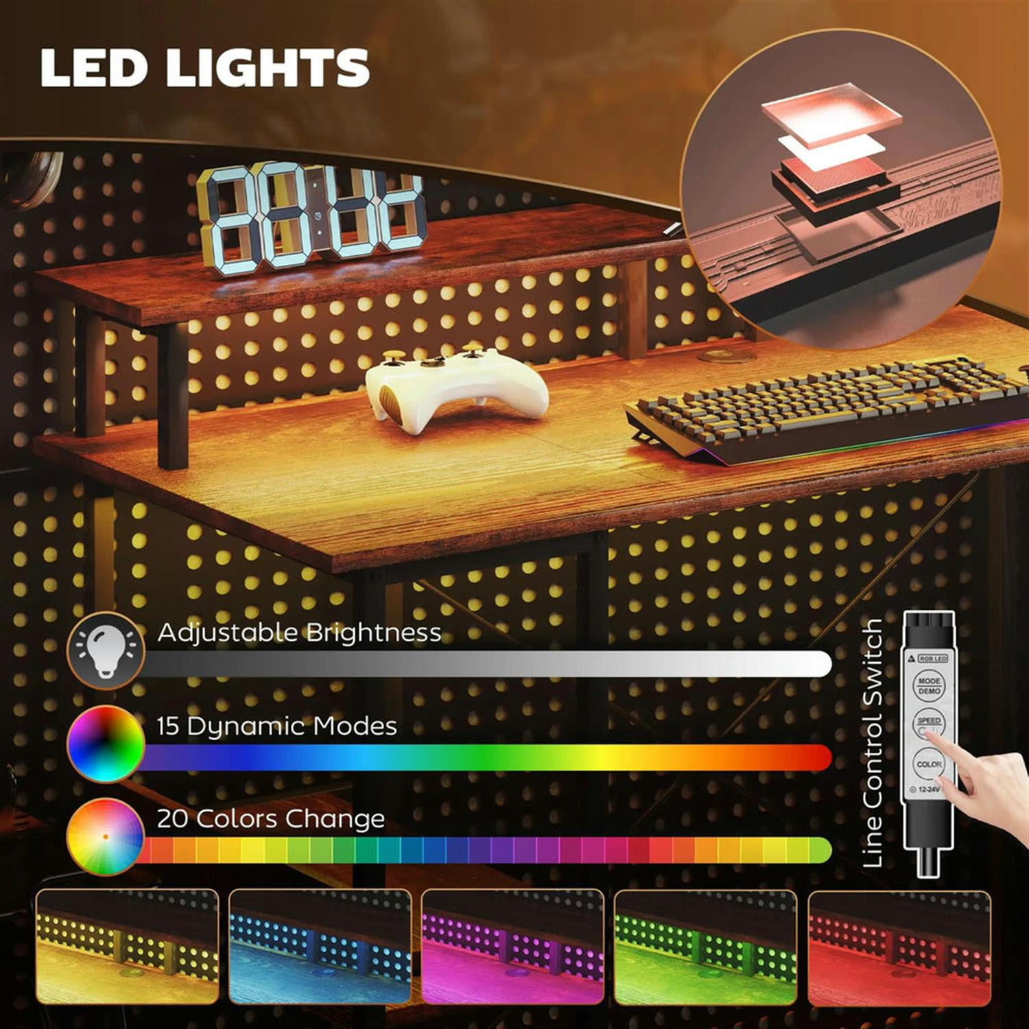 Demi Bonn 47" Reversible Office Desk with LED Lights and Power Outlets, Home Computer Desk for Living Room, Office, Study Table PC Desks, Brown