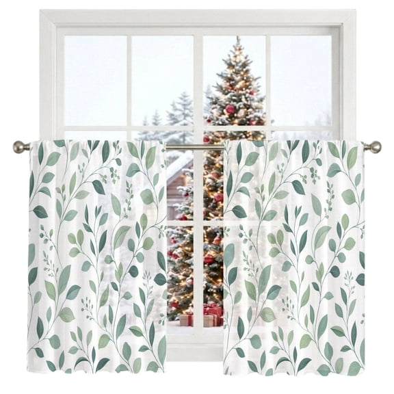 Eucalyptus Leaves Sheer Curtains 45 Inches Long 2 Panels, Watercolor Green Botanical Vines Farmhouse Semi Sheer Rod Pocket Window Curtains Light Filtering Drapes for Living Room Bedroom
