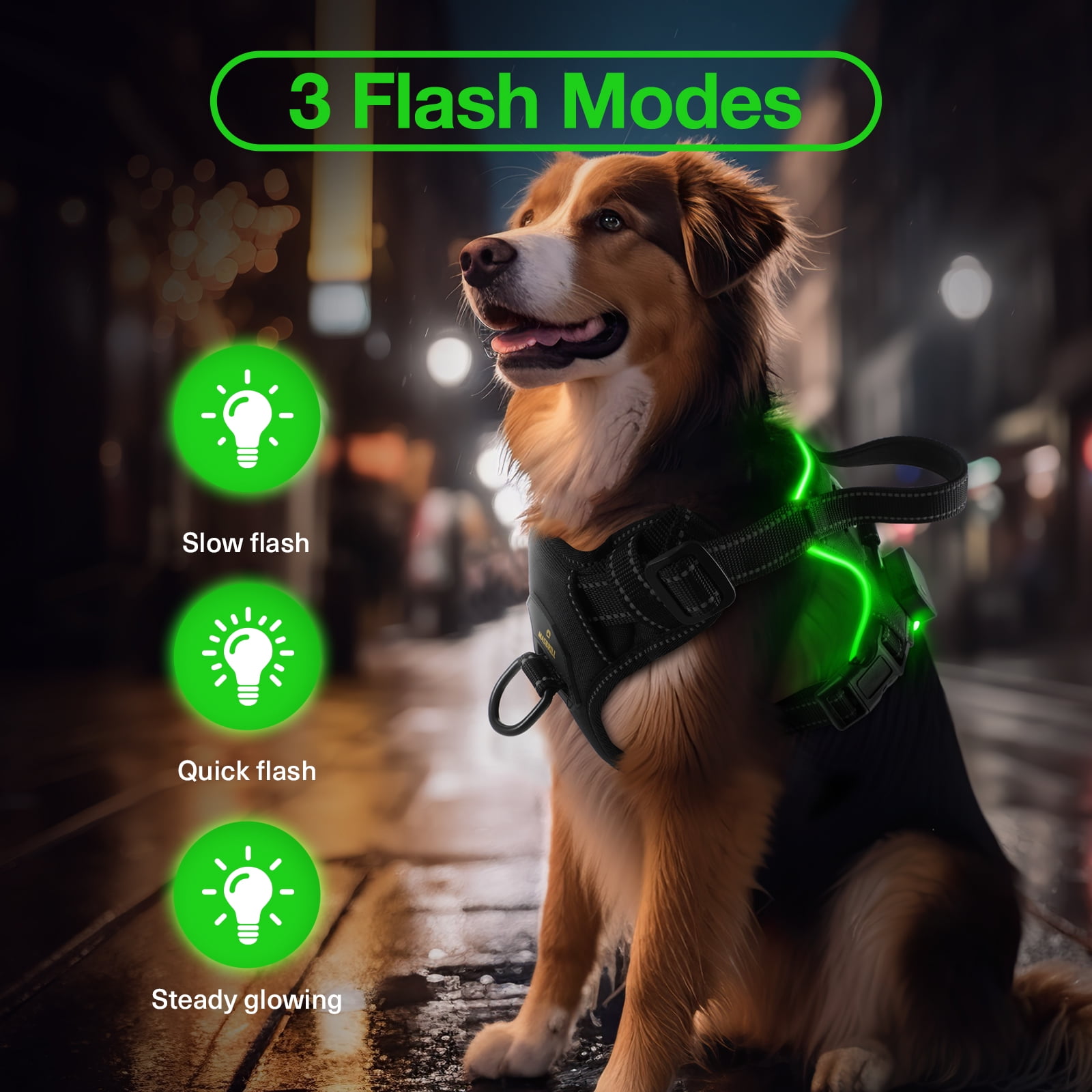 MASBRILL Light Up Dog Harness - No Pull Led Dog Harness Rechargeable Lighted Dog Harness for Night Walking Adjustable Glow Vest for Small Medium Large Dogs