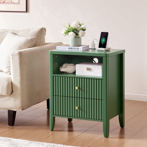 Fluted Nightstand with Charging Station – 21" Wide Modern Bedside Table with 2 Drawers, Open Shelf & USB/Type‑C Ports for Bedroom and Living Areas, Green