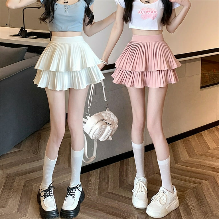 Women s Skirts Double Layer Cake Skirt Solid High Waist Pleated Skirt Elastic Waist Layered Half Length Umbrella Skirt Midi Skirts Pink L