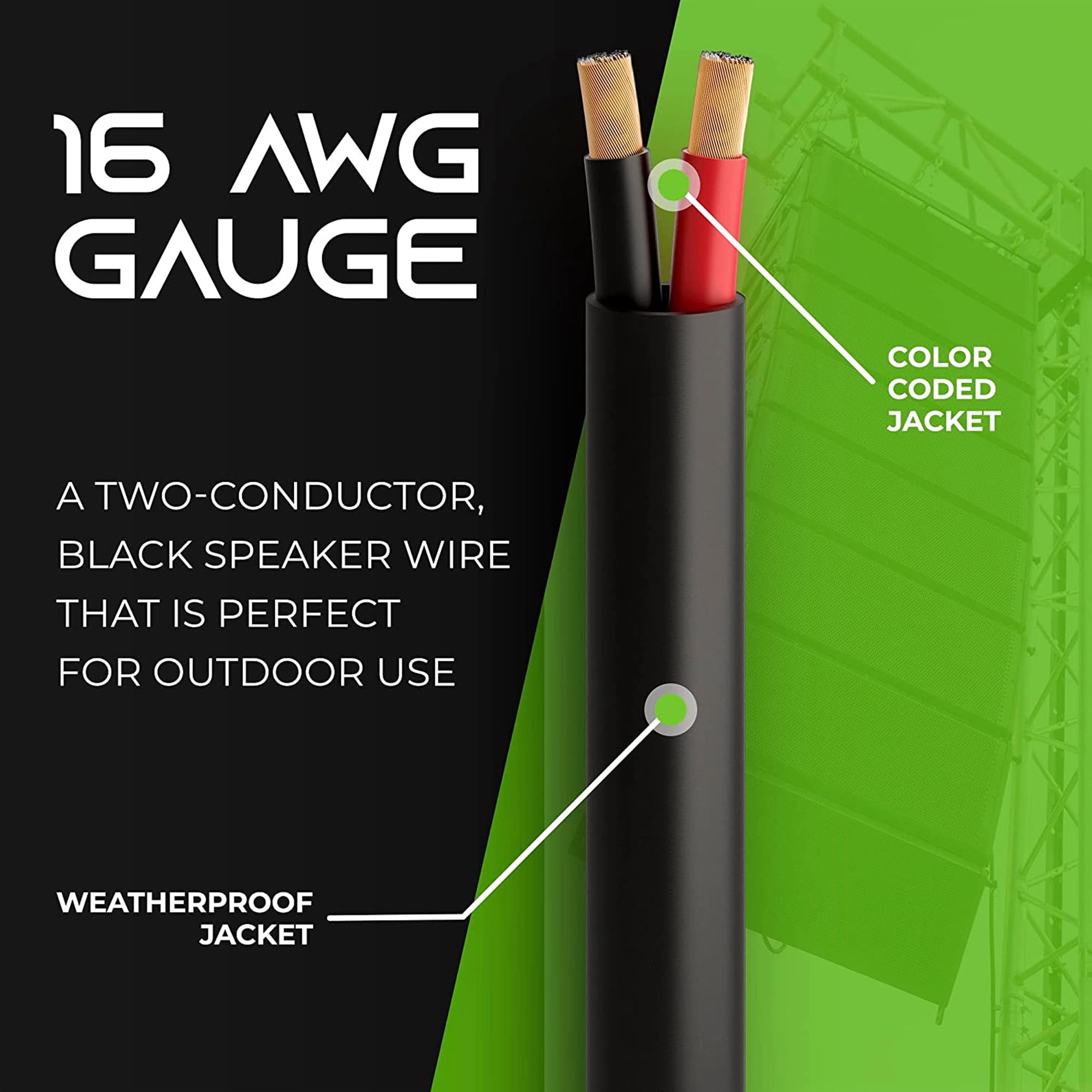 GearIT 16/2 CCA (Copper Clad Aluminum) Outdoor Speaker Wire for Outdoor Direct Burial / In Wall Speakers, Black 100 ft.