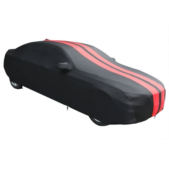 Black Car Cover, Universal Sun Rain Snow Protection, Indoor Cover Full Dust Protecton Black with Red Stripes